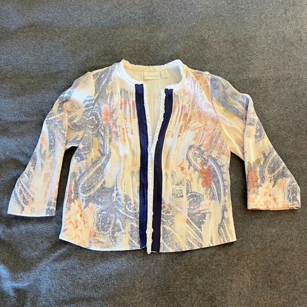 Chico's Open Front Jacket Floral Paisley Frayed Fringe, Size 0/US 4